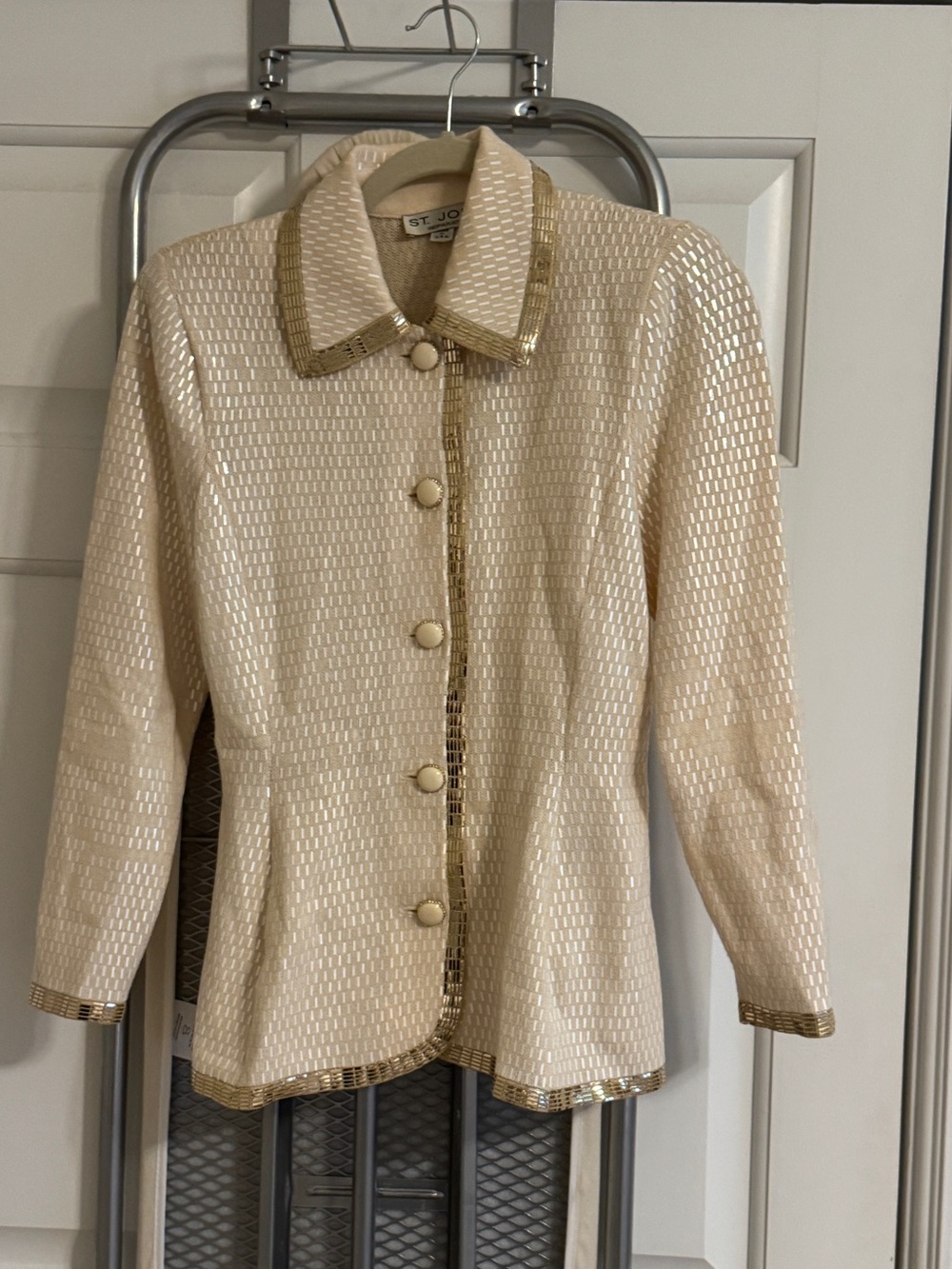 St. John Evening 3-Piece Santana Knit Skirt Suit Set - Ivory Crystal Embellished